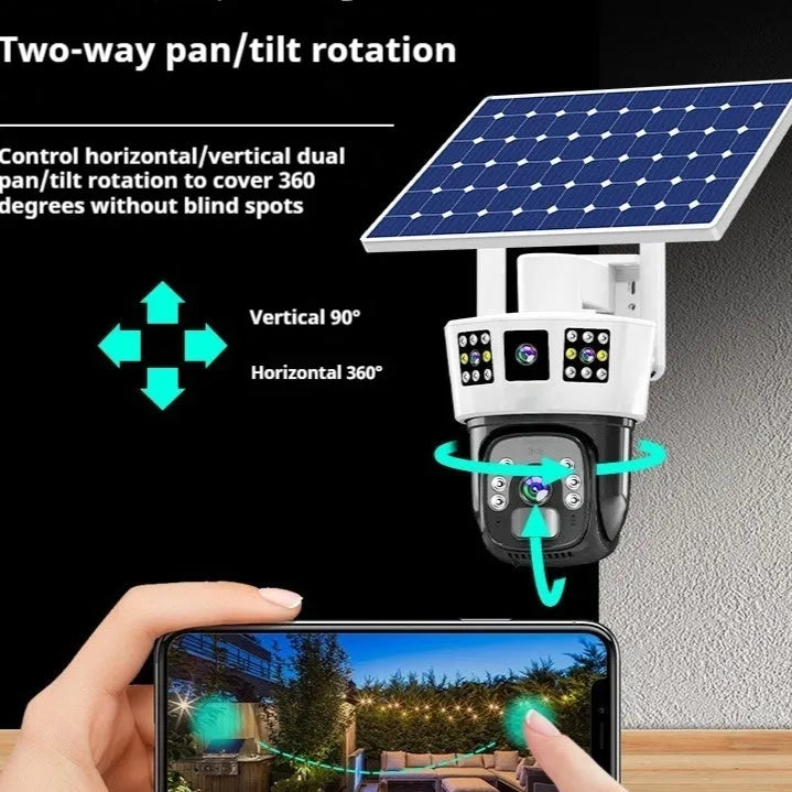 Solar-powered binocular surveillance camera with weatherproof housing and integrated solar panel