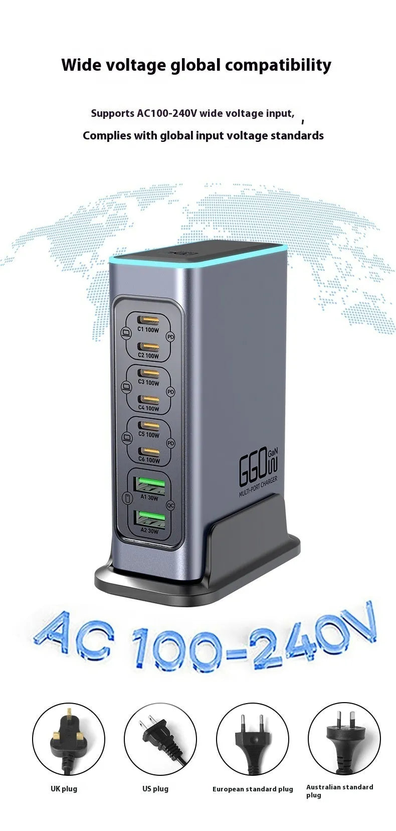 A 660W GaN desktop fast charger with a USB-C port and four international plug adapters for US, UK, EU, and AU outlets.