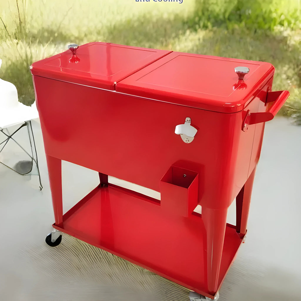 Red metal insulated trolley cooler with wheels and 750ml capacity for outdoor drinks.
