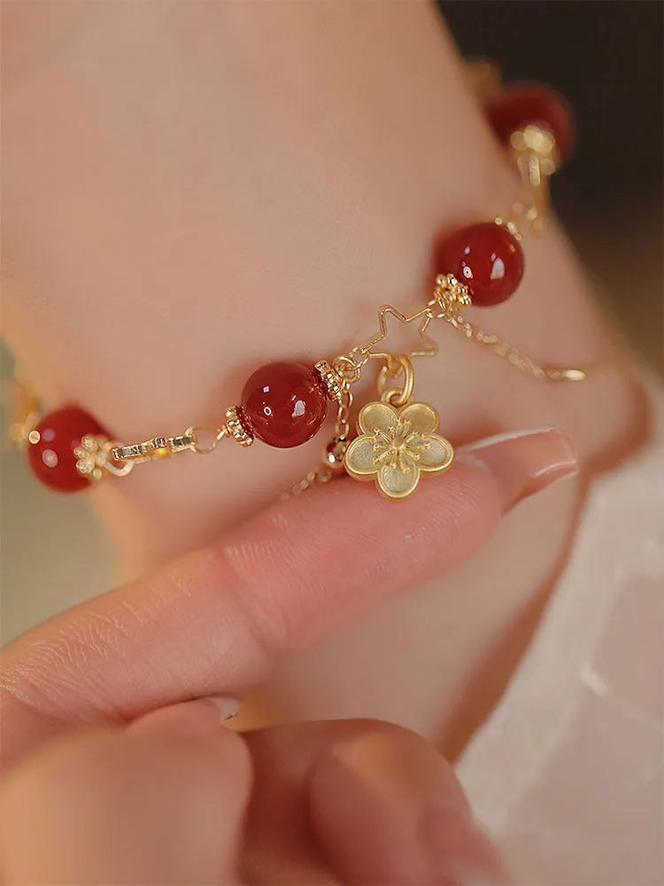 Red agate double layer bracelet with floral and peach blossom decorative elements for women's ethnic jewellery