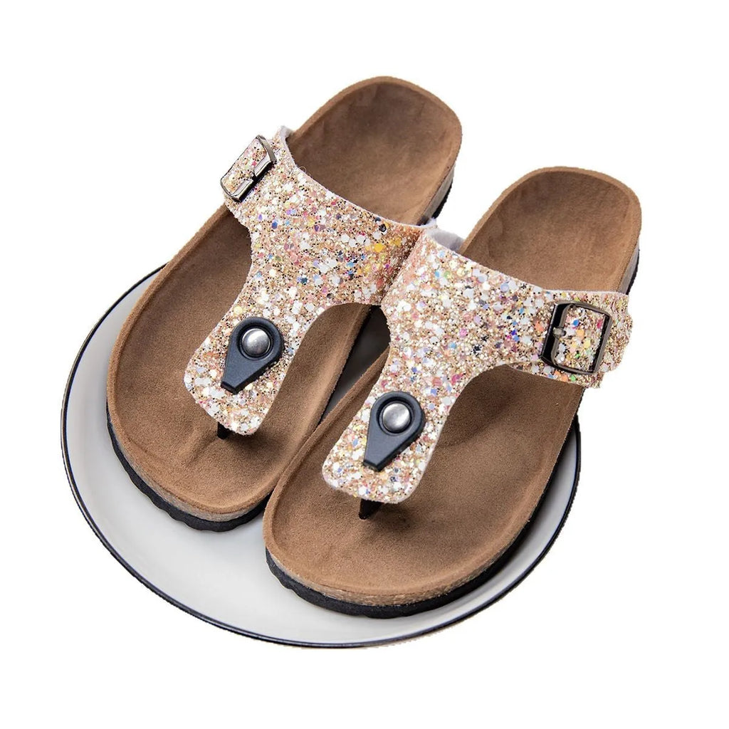 Frosted gold cork flip-flops with artificial leather upper and PVC sole