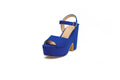 Women's black and blue suede platform sandals with ankle strap and open toe, shown in sizes 36 to 44.