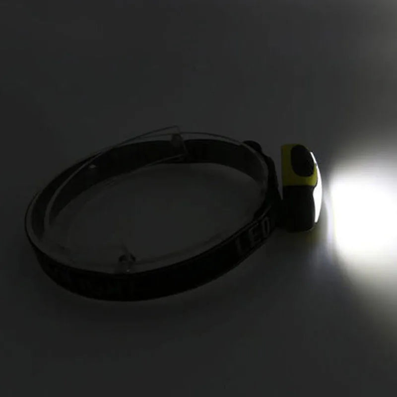 Yellow plastic headlamp with a central COB LED light, shown as a single unit for outdoor use.