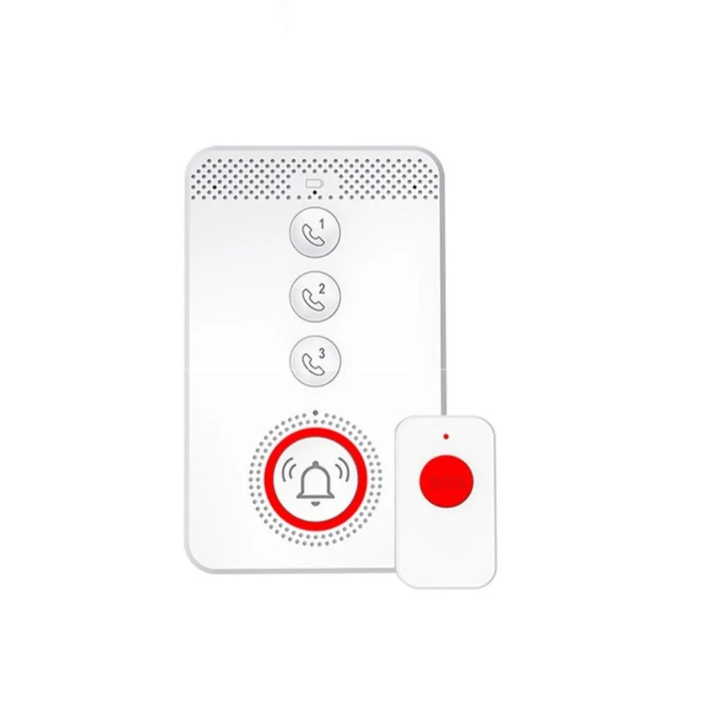 White emergency alert buzzer unit with separate emergency buttons for elderly care