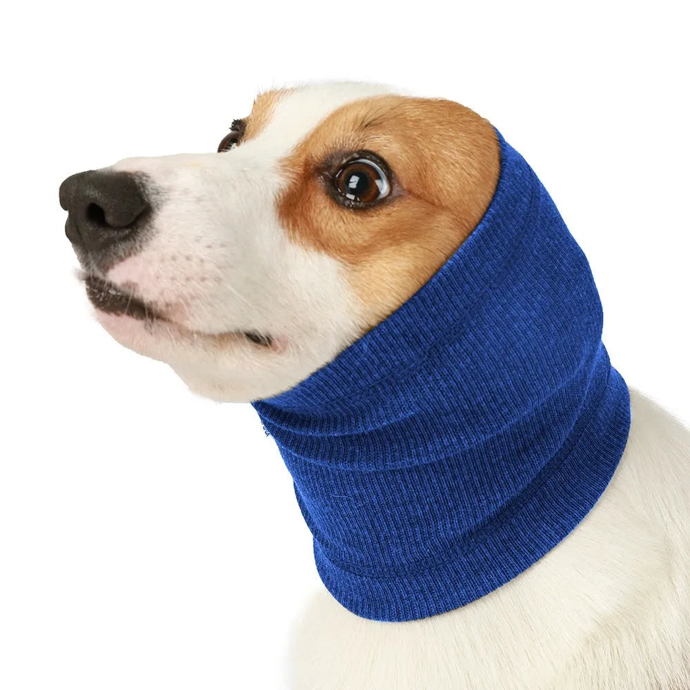 Blue and grey polyester dog headband scarf shown in sizes S, M, and L.