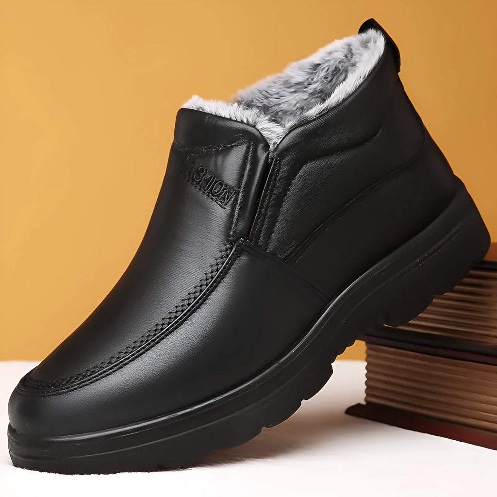 Men's black winter slip-on shoes with fleece lining and a non-slip rubber sole