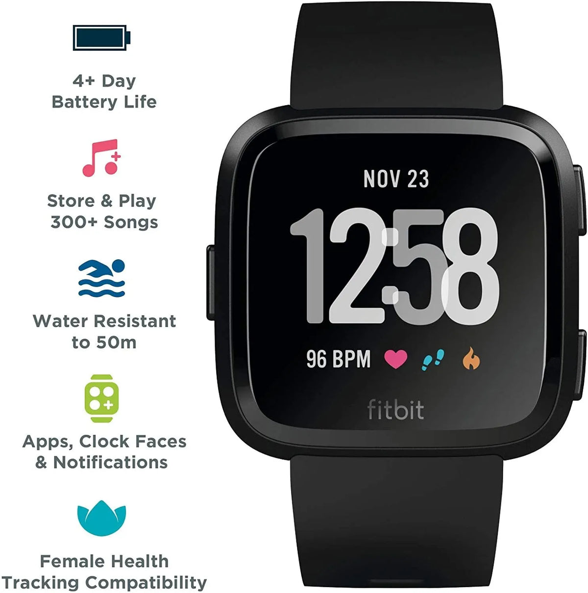 Black waterproof smart watch with heart rate monitoring for sleep tracking on silicone wristband