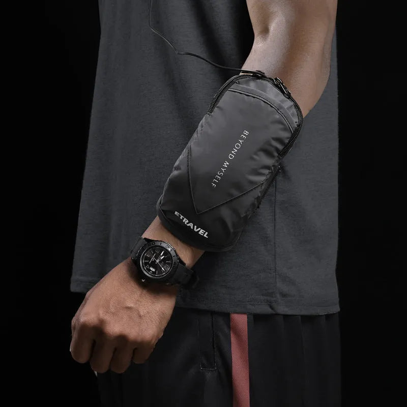Reflective running arm bag in fluorescent yellow and black holding a smartphone for night safety during outdoor sports.