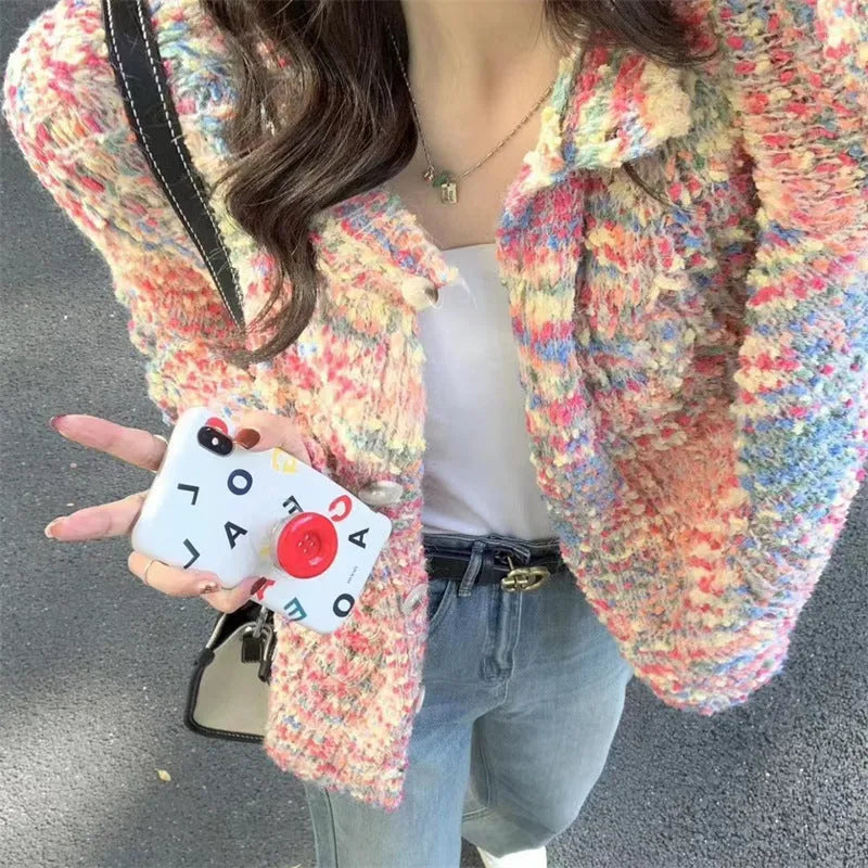 Pink or green retro rainbow pattern slim fit knitted cardigan sweater with regular sleeves