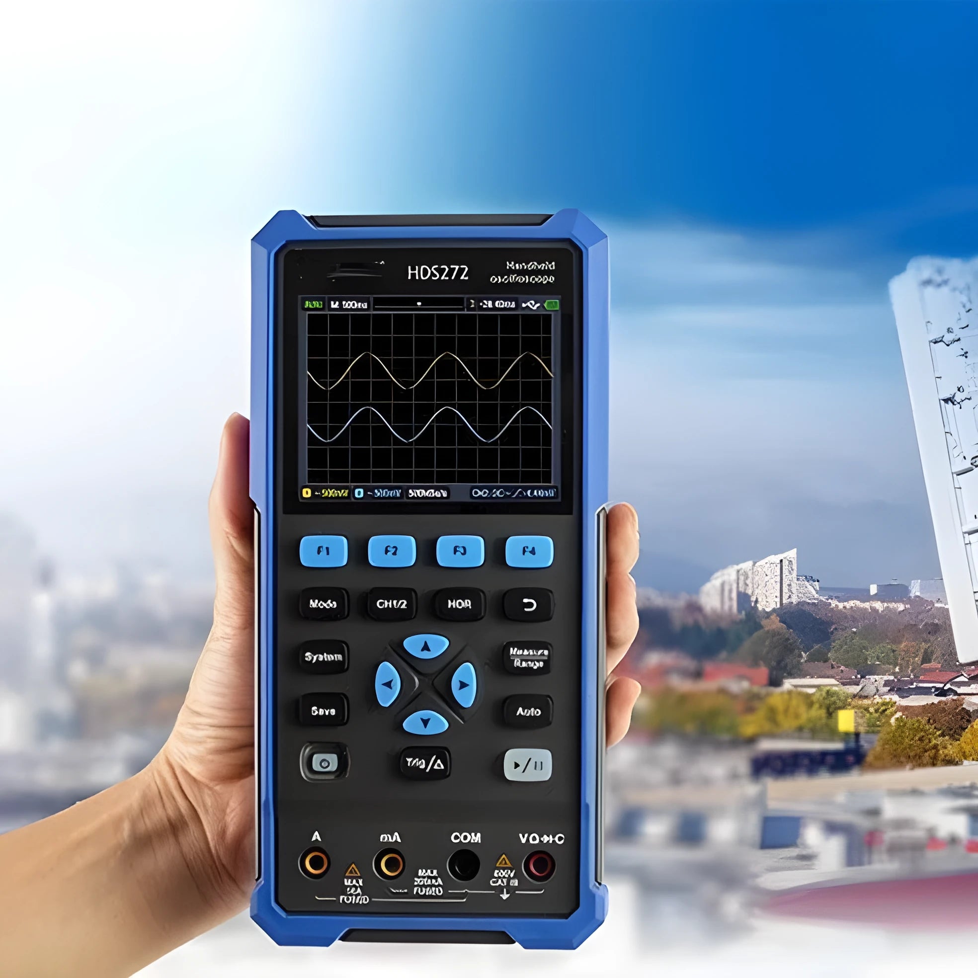 Owon HDS272 handheld digital oscilloscope with probes for automotive electrical diagnostics
