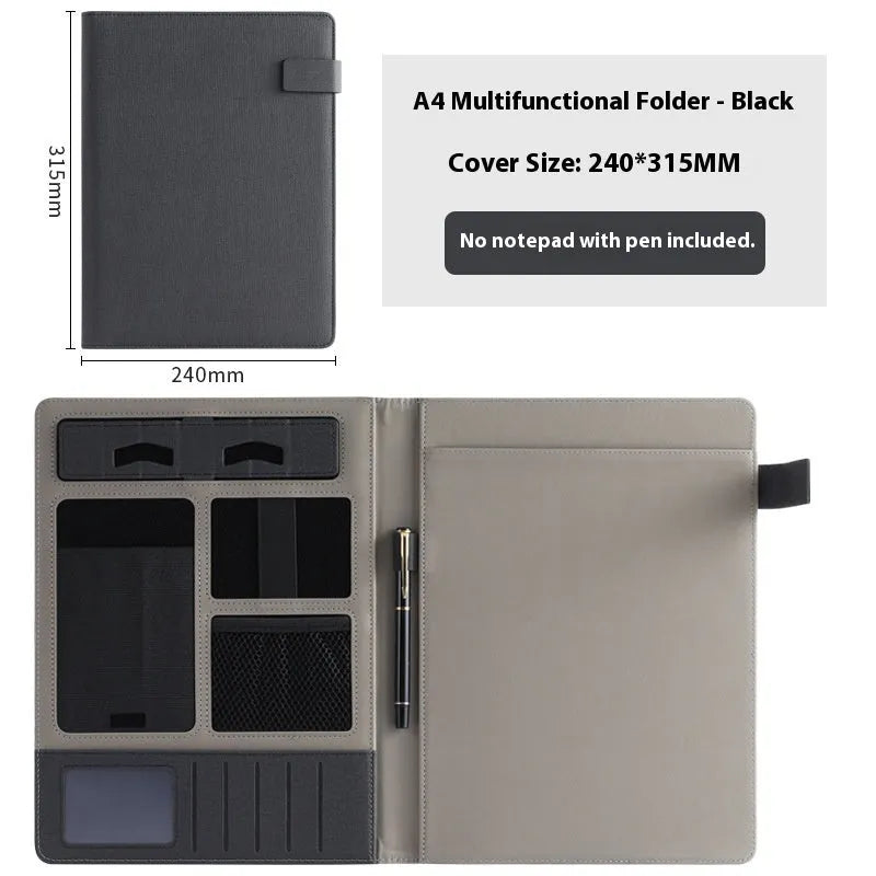 Leather A4 business folder with optional pen and notepad accessories in black colour