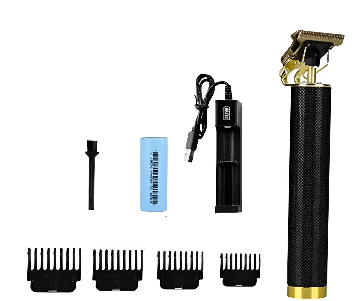 Black USB rechargeable hair clipper with gold steel blades, four comb attachments, and cleaning brush