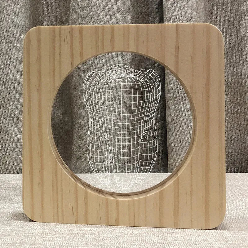 Tooth-shaped wooden acrylic night lamp with warm finish measuring 190x190x30mm
