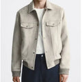 British style suede velvet commuter jacket in mink or light grey with spandex stretch fabric and long sleeves