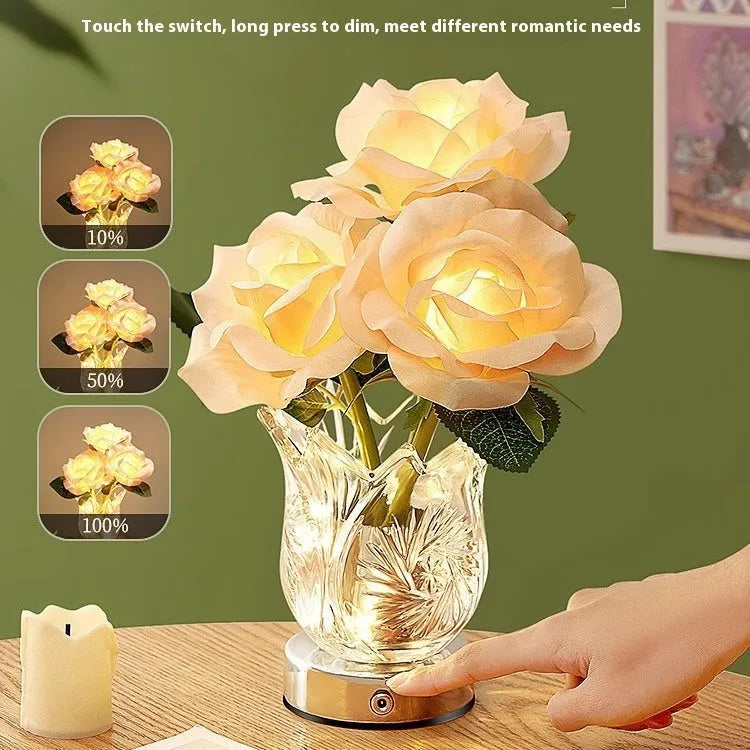Modern crystal flowers design rechargeable touch table lamp on a bedside table.
