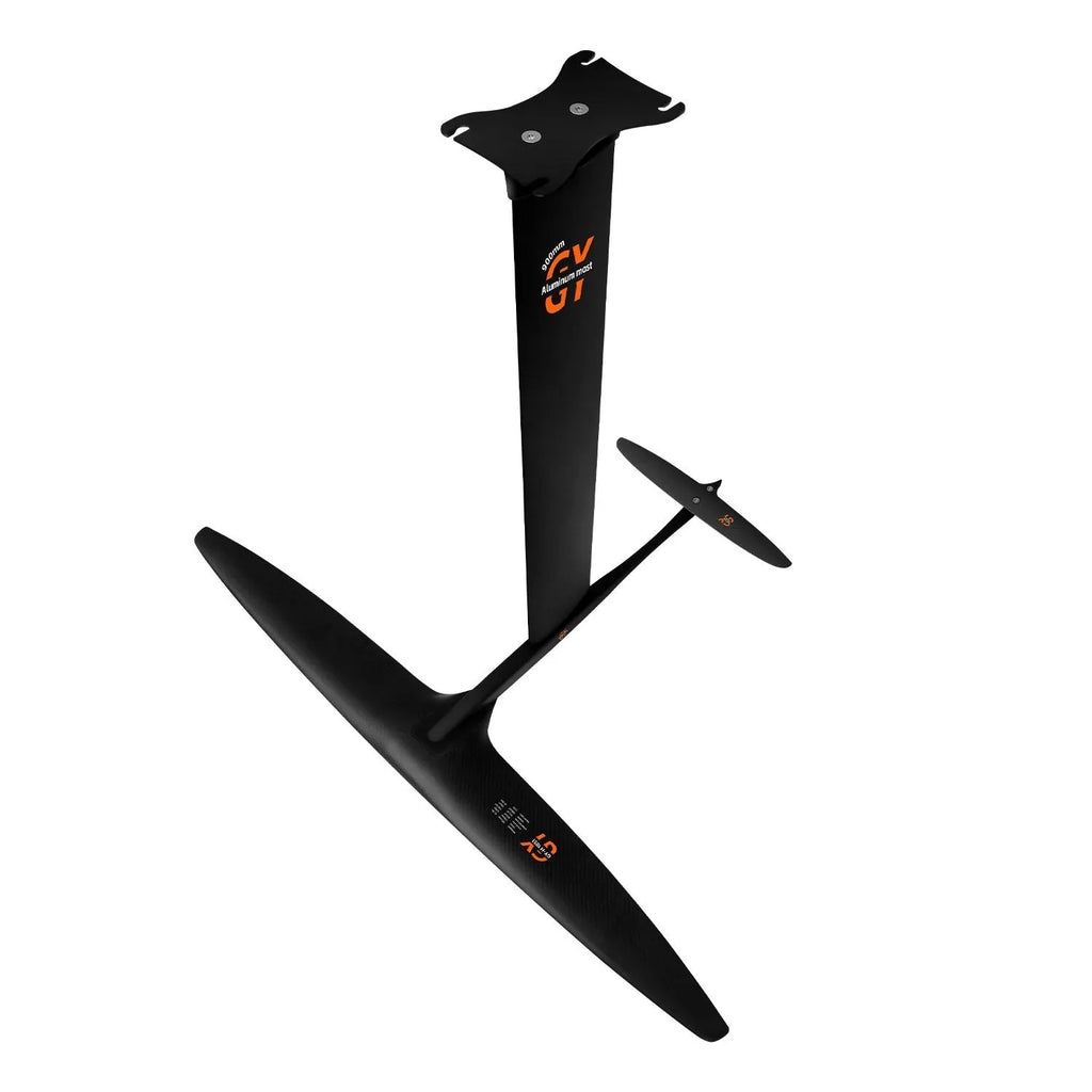 Black carbon fibre and aluminium racing hydrofoil for surfboards with large front wing