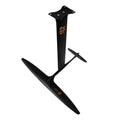 Black carbon fibre and aluminium racing hydrofoil for surfboards with large front wing