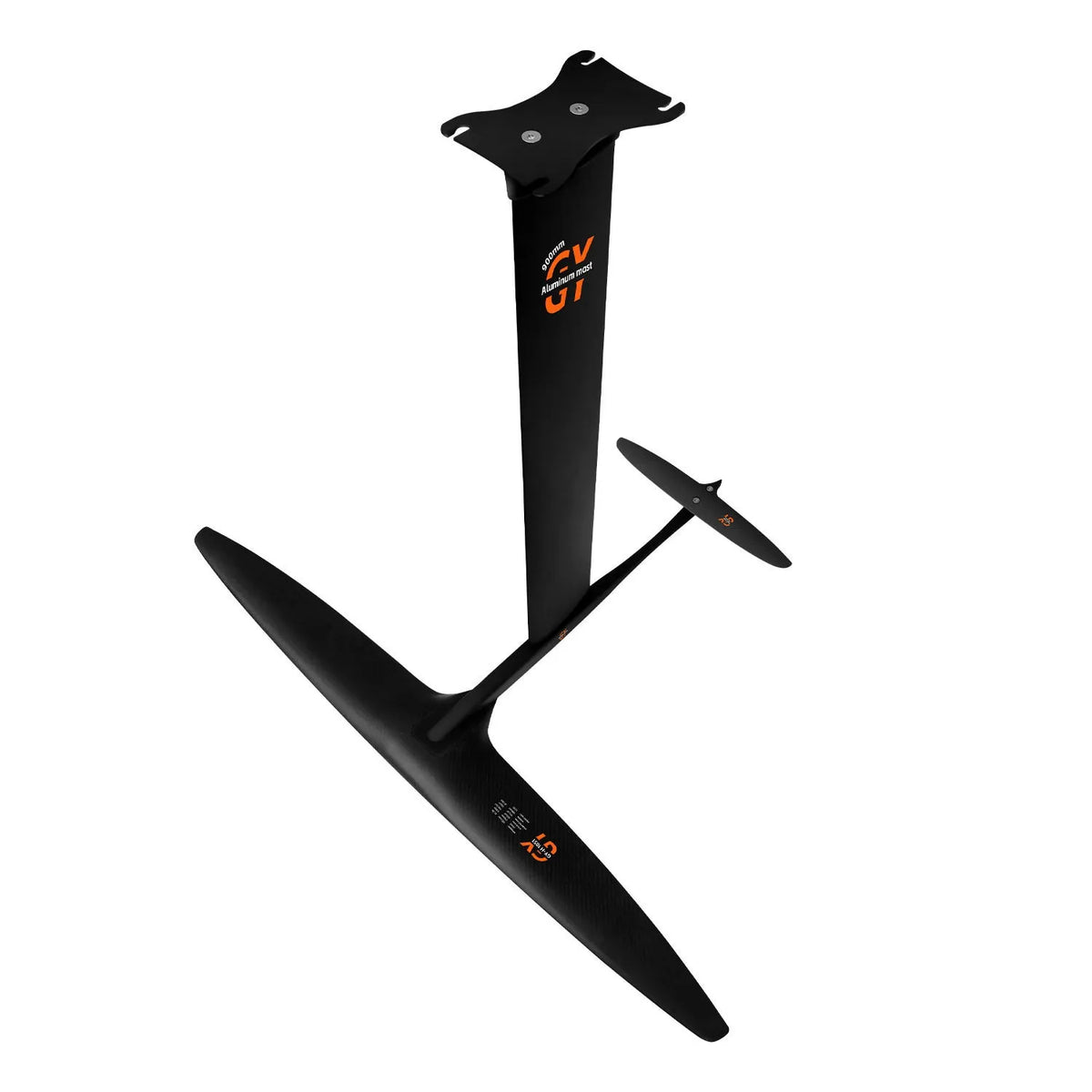Black carbon fibre and aluminium racing hydrofoil for surfboards with large front wing