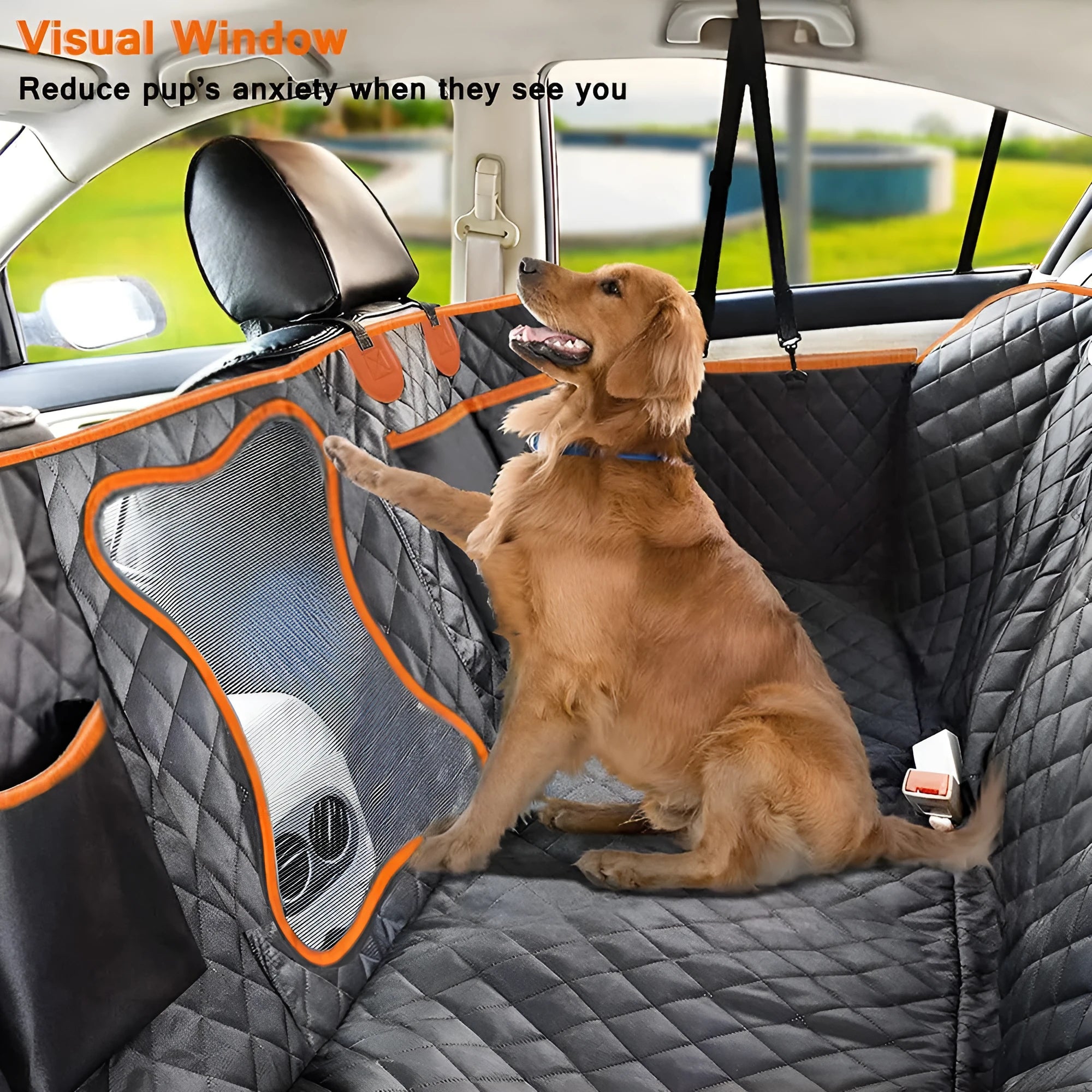 Black dog car seat cover with orange edging on a rear car seat, showing mesh window and storage pocket.