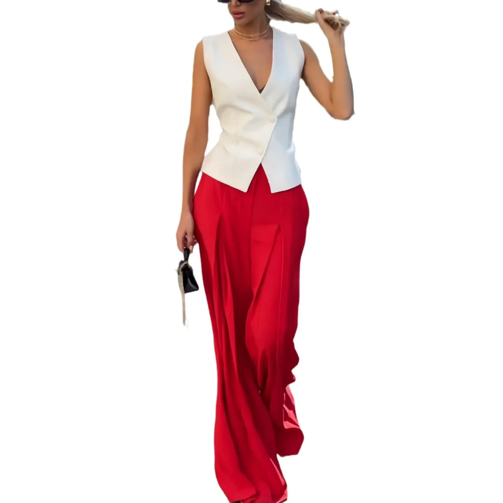 Women's beige deep V-neck sleeveless top and wide leg trousers two-piece set
