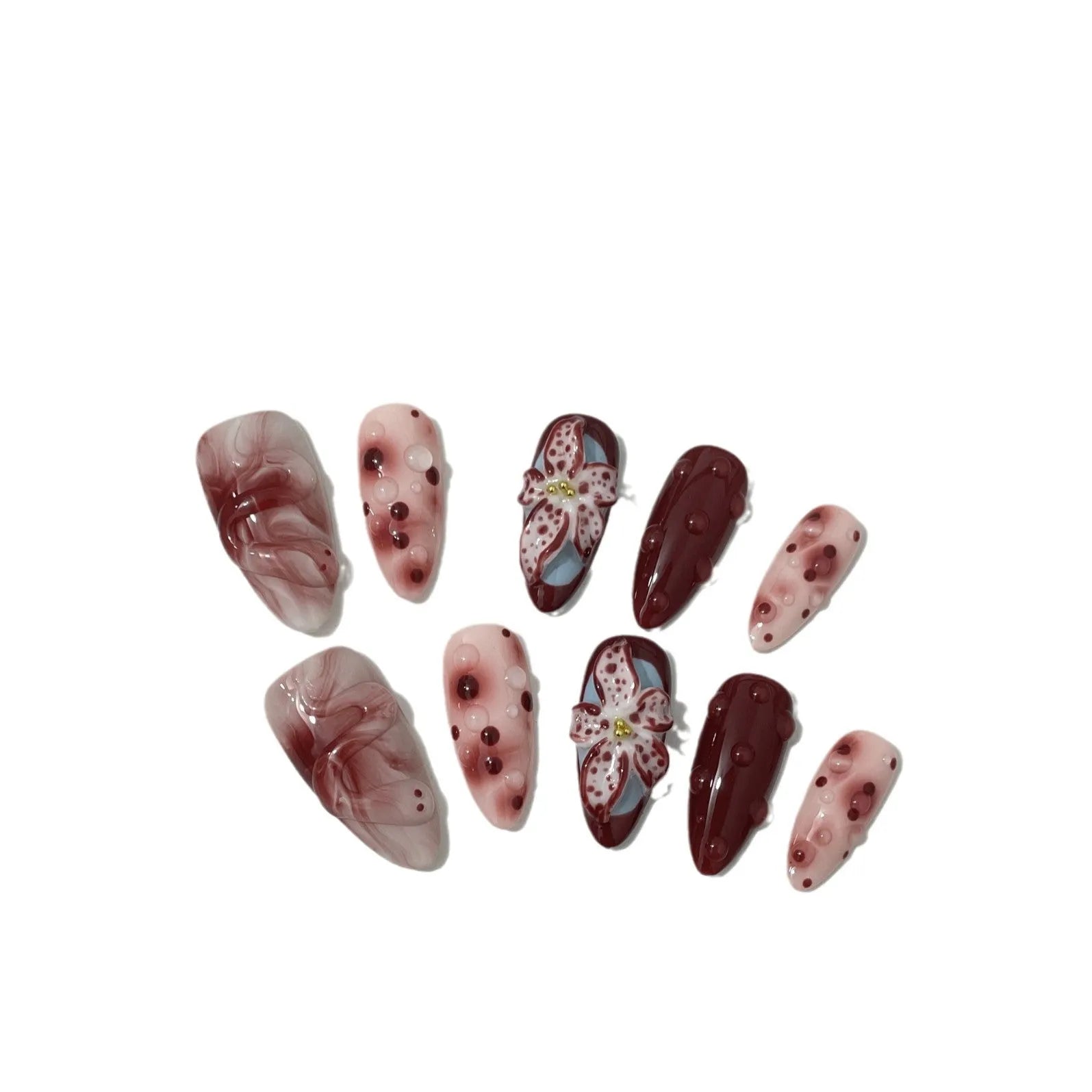 Almond-shaped false nails with hand-painted three-dimensional carved rose and starry sky patterns