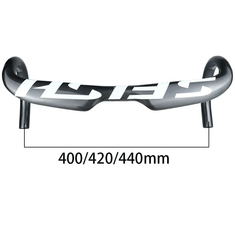 Carbon fibre road bike bent handlebar shown in black, with close-up of 31.8mm clamp area and bar ends.