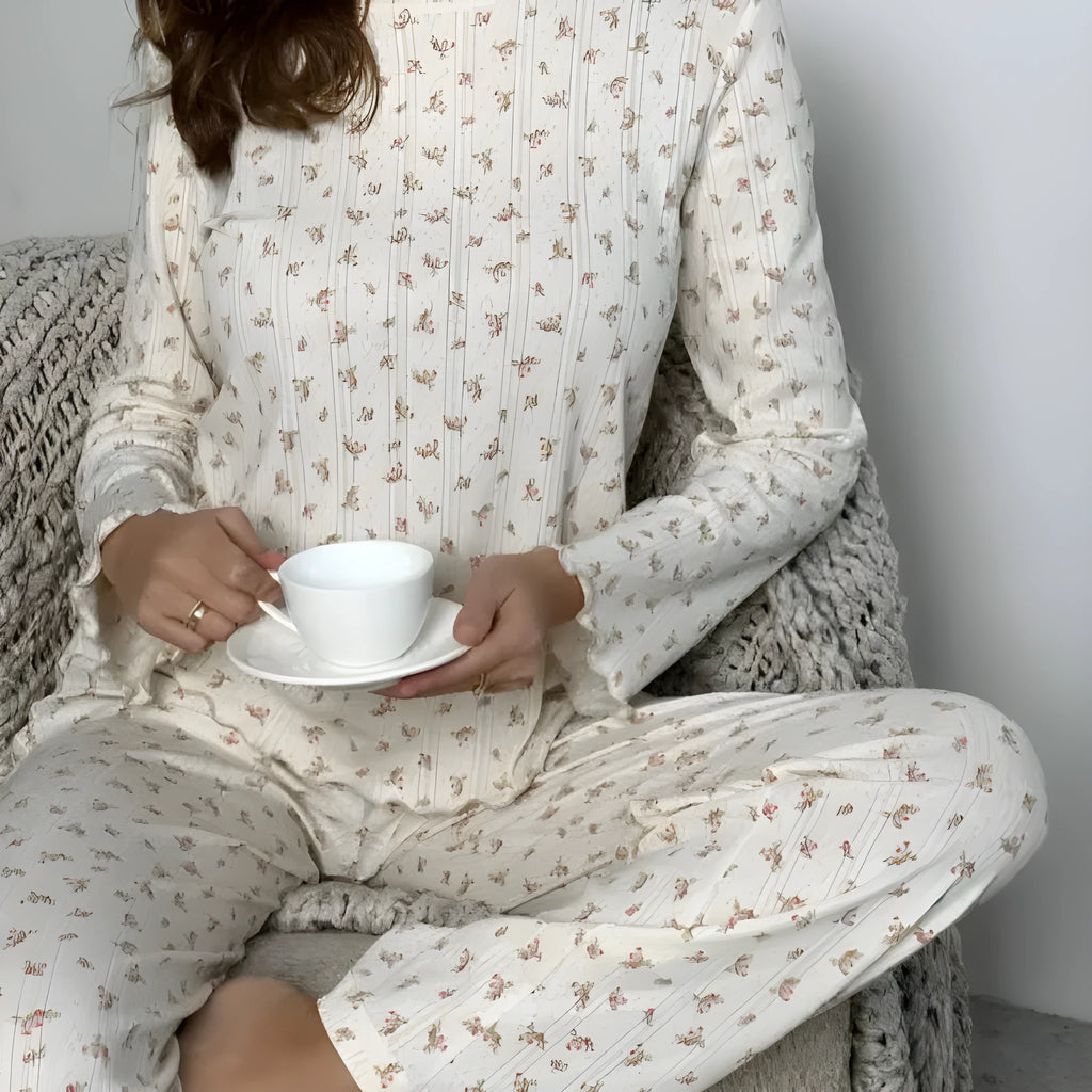 Women's white floral print two-piece suit set with bell sleeve top and wide leg trousers