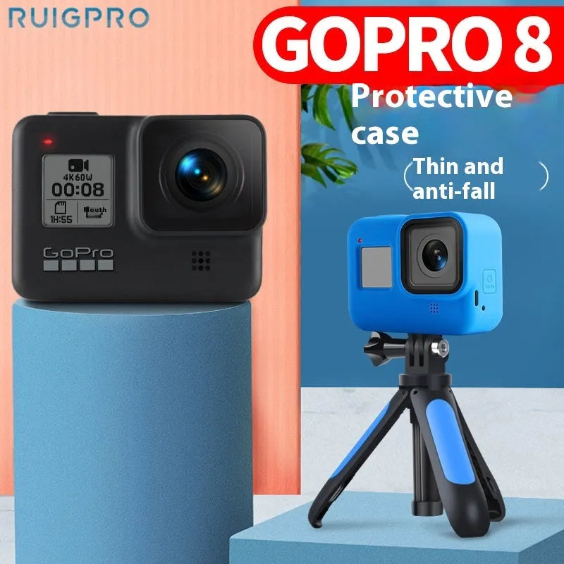 Blue silicone protective sleeve and black wrist strap for GoPro Hero 8 Black camera.