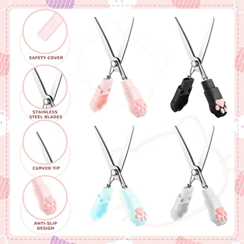 Closed and open views of cute cat paw design mini folding scissors in various colours.