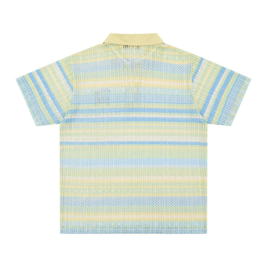 A blue men's casual printed shirt with short sleeves and a loose fit.