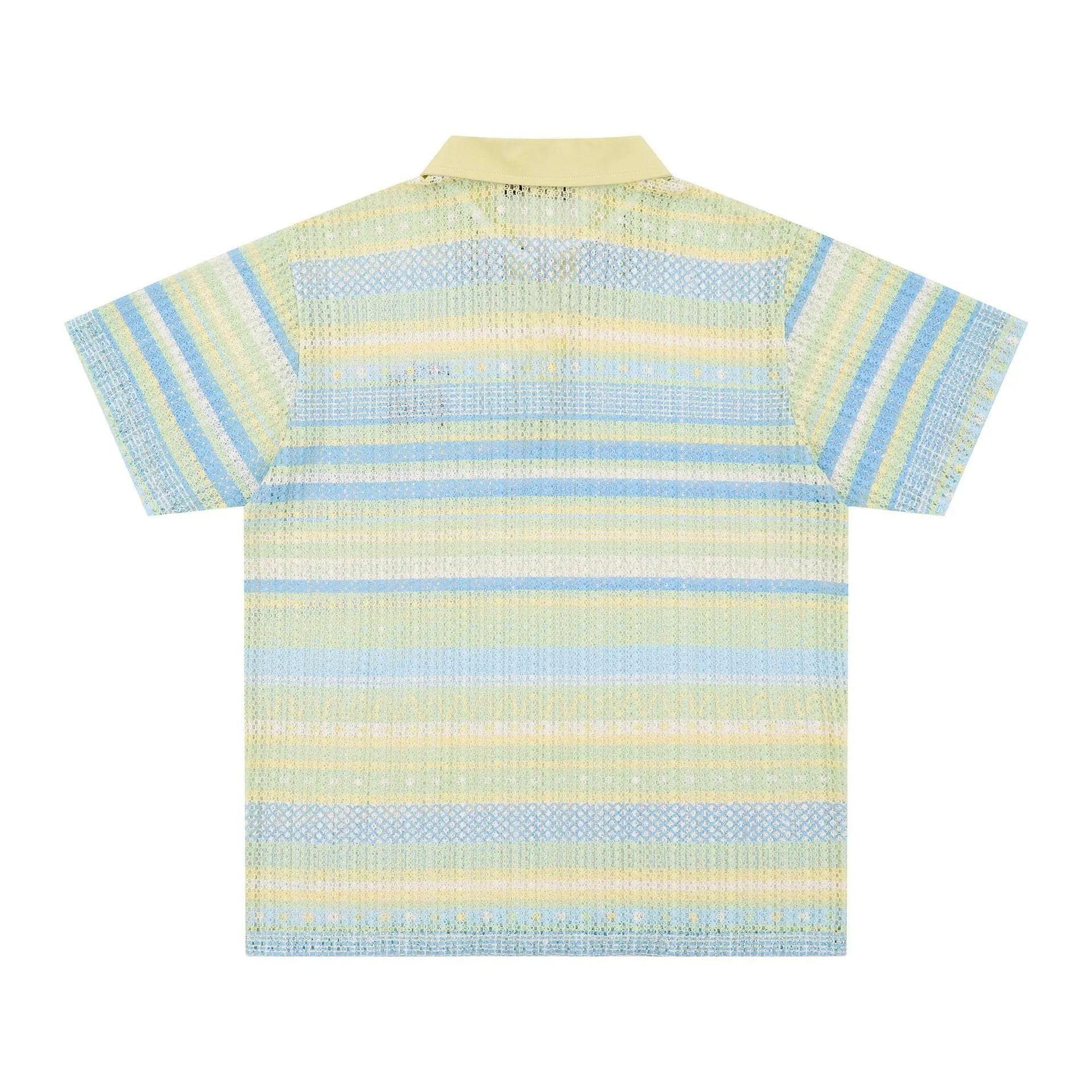 A blue men's casual printed shirt with short sleeves and a loose fit.