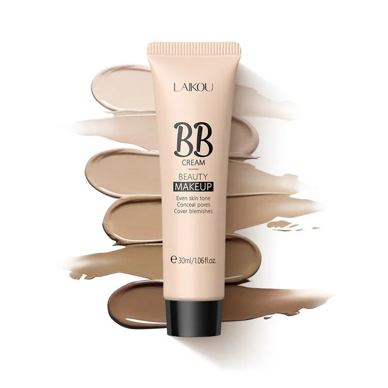 Natural Makeup BB Cream 30ml bottle showing nine shade options from Ivory White to Brown
