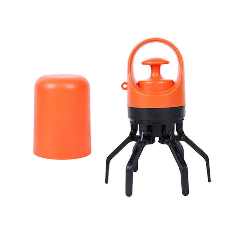 Blue and orange ABS plastic pet pooper scooper with claw and bag dispenser.