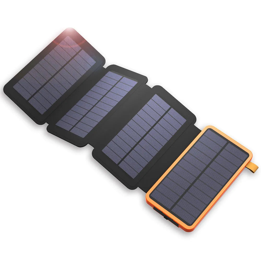 Black solar power bank with solar panel on front, LED light, and soft leather exterior.