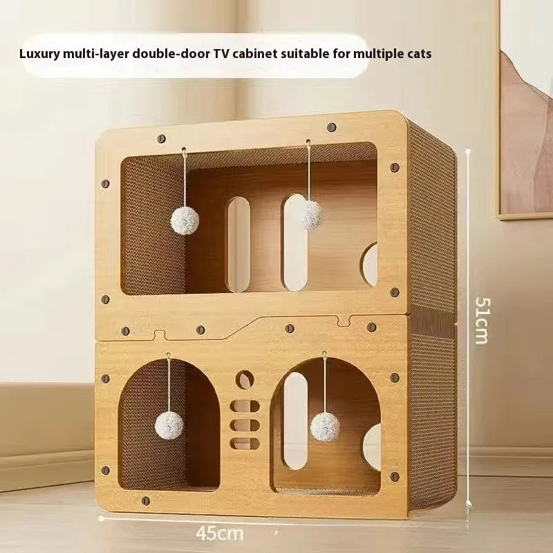 Double-layer cat scratching board and nest in a choice of styles including big eyes, cat head, owl, or double door.