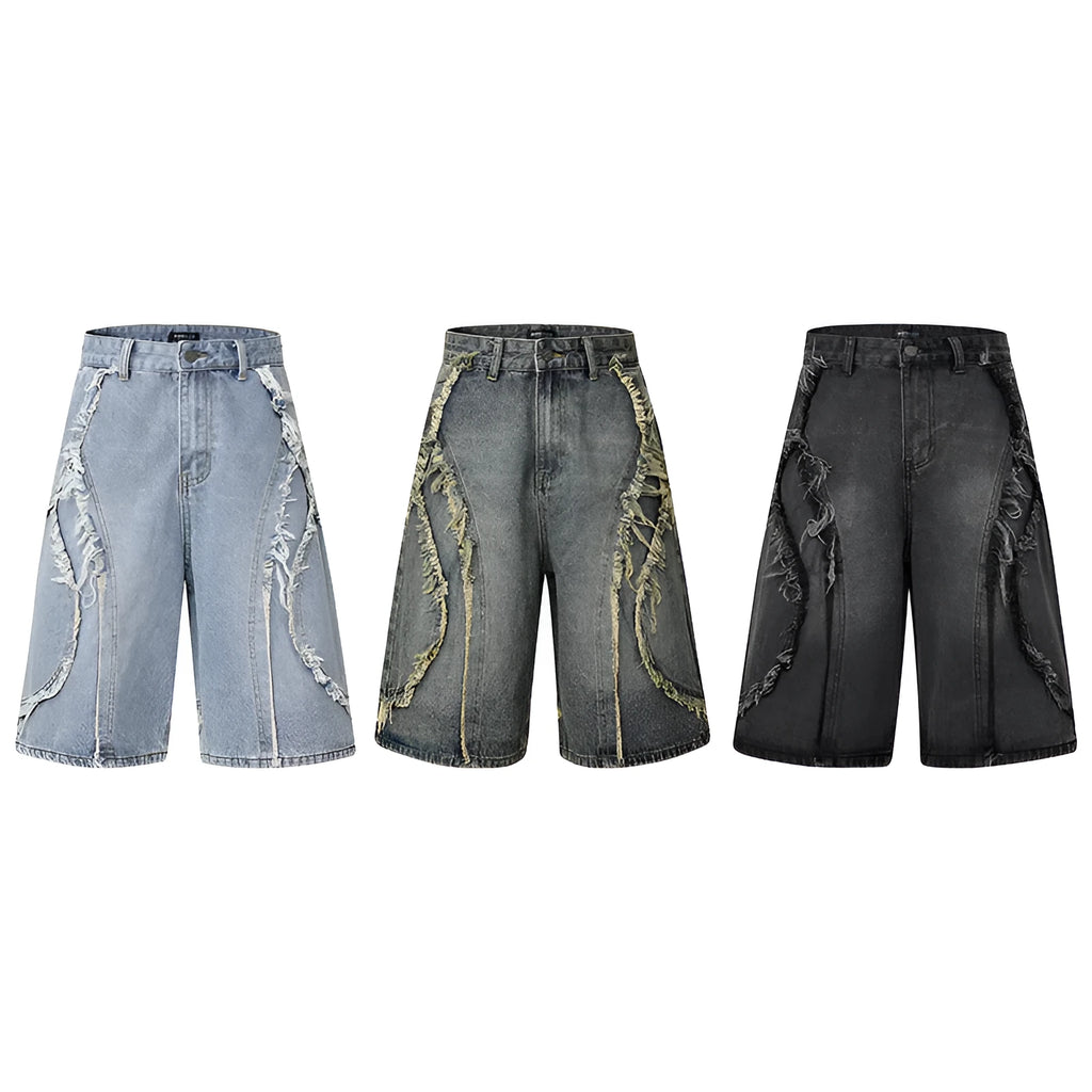 A pair of men's light blue denim shorts with a distressed finish and raw edge hem, shown in a straight-leg, hip hop style.