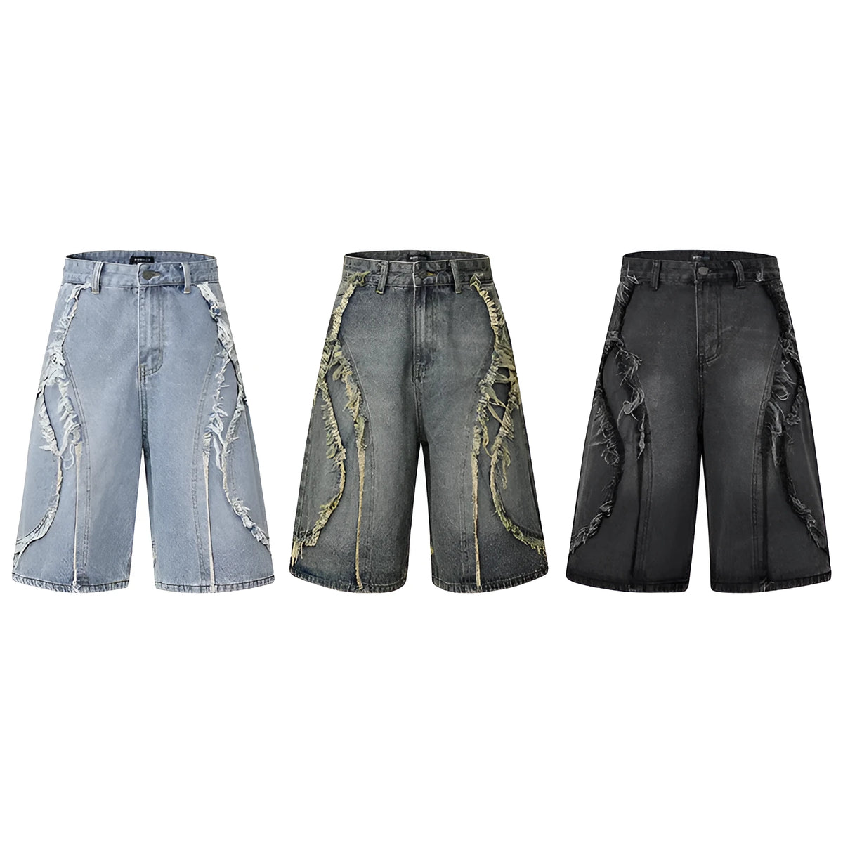A pair of men's light blue denim shorts with a distressed finish and raw edge hem, shown in a straight-leg, hip hop style.