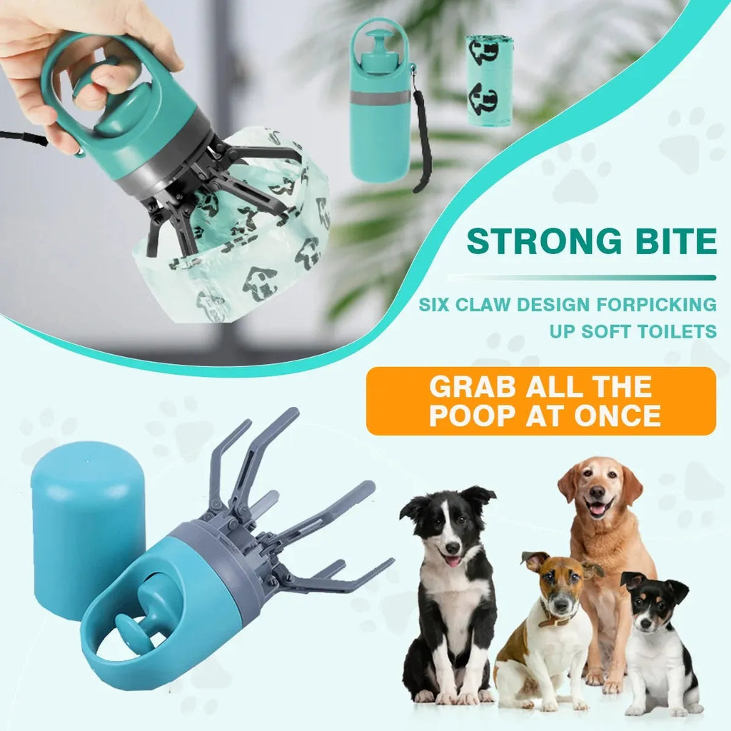 Blue and orange ABS plastic pet pooper scooper with claw and bag dispenser.