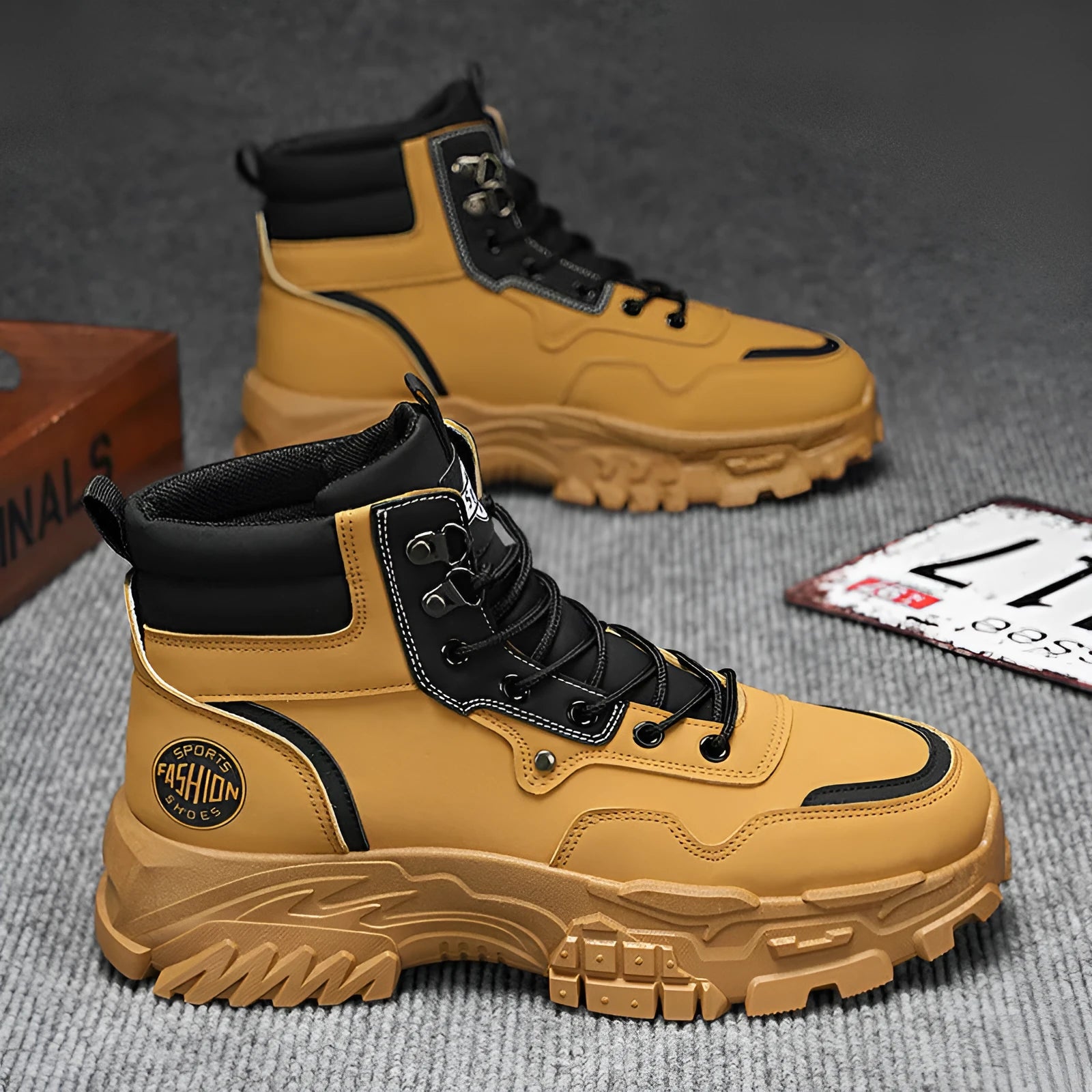 Men's black and yellow Martin boots showing mid heel height and high-top design