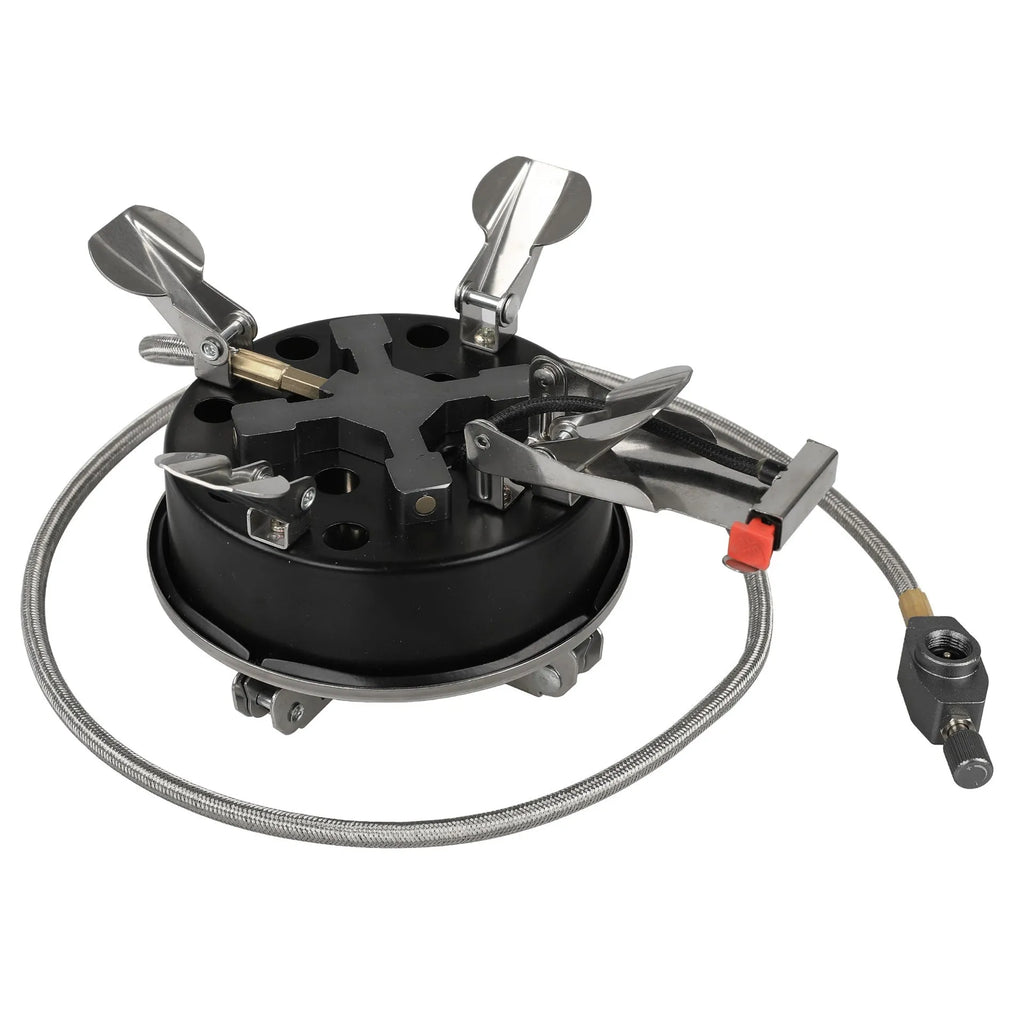 Silver stainless steel split camping stove with 100cm hose, folded dimensions 155x125mm