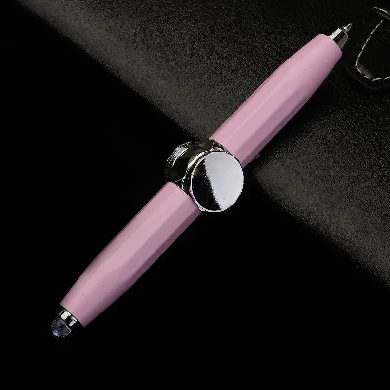 Metal LED pen spinner ballpoint pen showing spinner mechanism and writing tip with multiple ink colour options