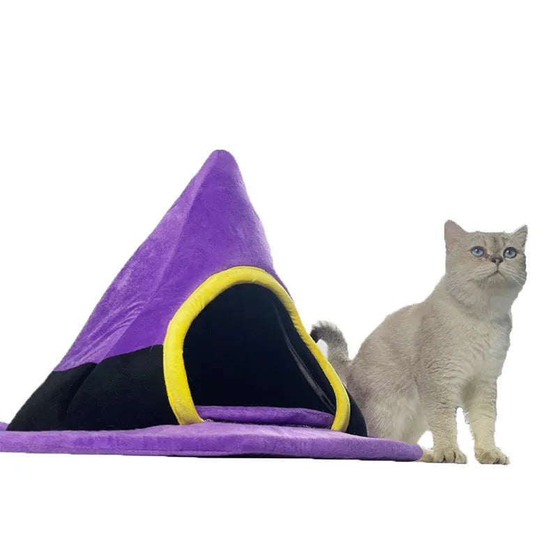 Purple Halloween witch hat shaped cat bed measuring 60x45cm for indoor pet use