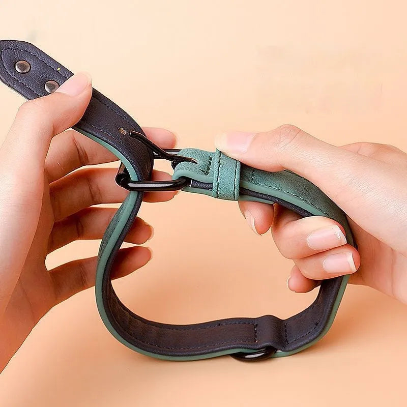 Adjustable anti-loss dog collar showing PU front and microfiber back in available colour options