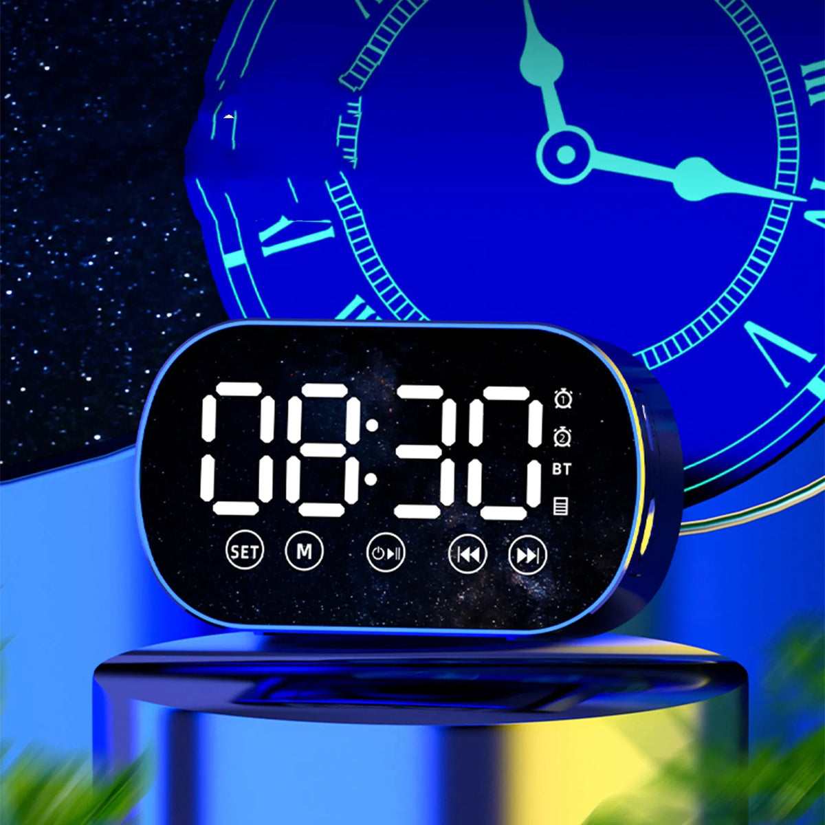 Multifunctional wireless Bluetooth speaker mirror mini alarm clock in black, white or pink, 84x37x50mm, with FM radio and TF card playback