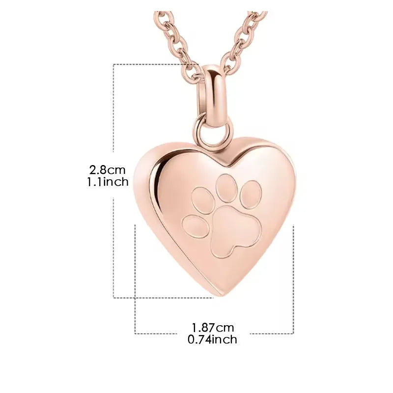 Openable titanium steel heart pendant necklace with engraved paw print for ashes.