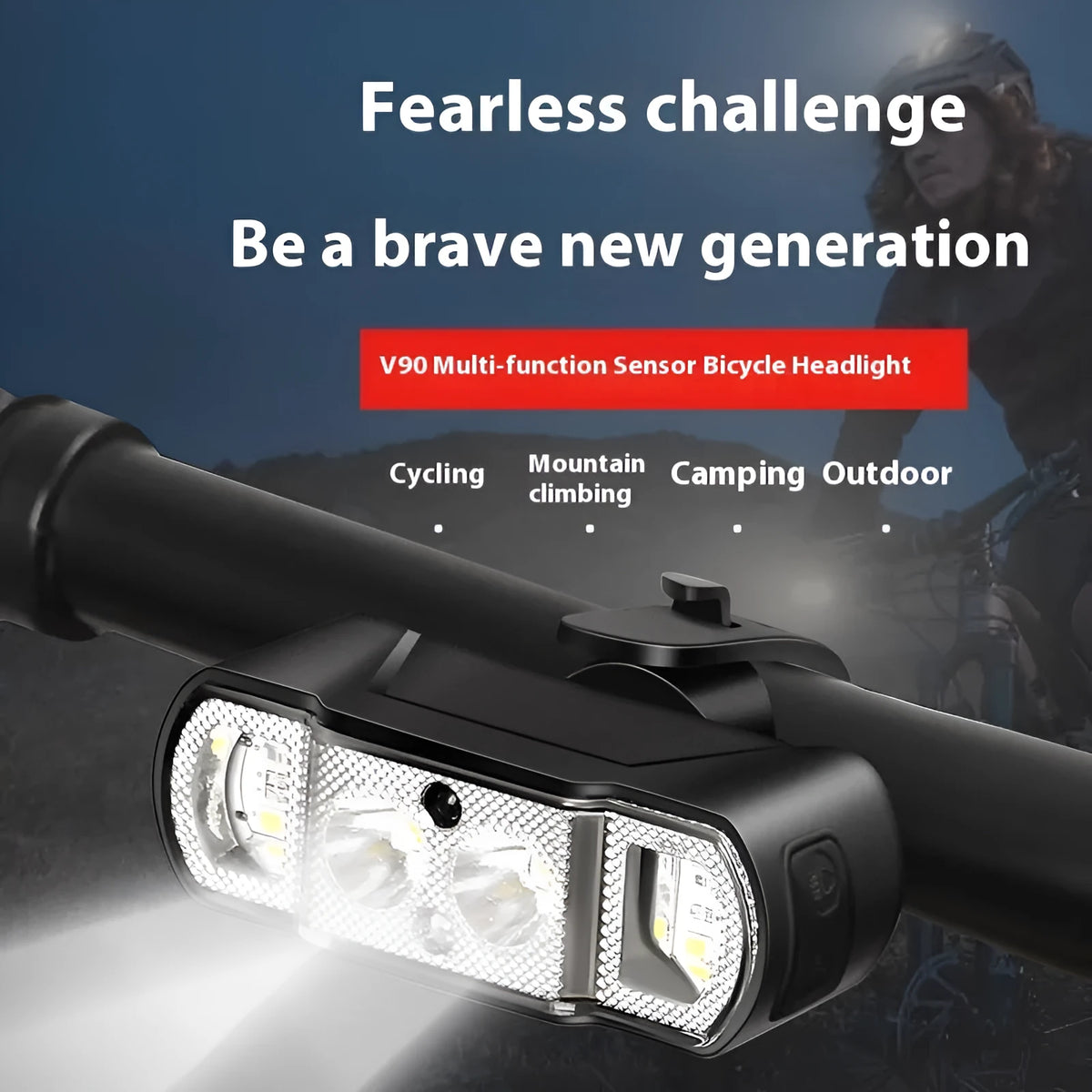 Black bicycle headlight with 350 lumen XPG-LED and rechargeable battery mounted on handlebars