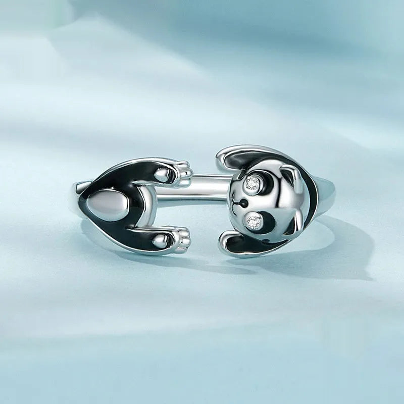 Adjustable panda open ring in sterling silver with white gold plating