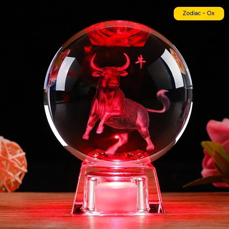 White crystal ball zodiac lamp with Chinese style design and electronic base showing zodiac symbol