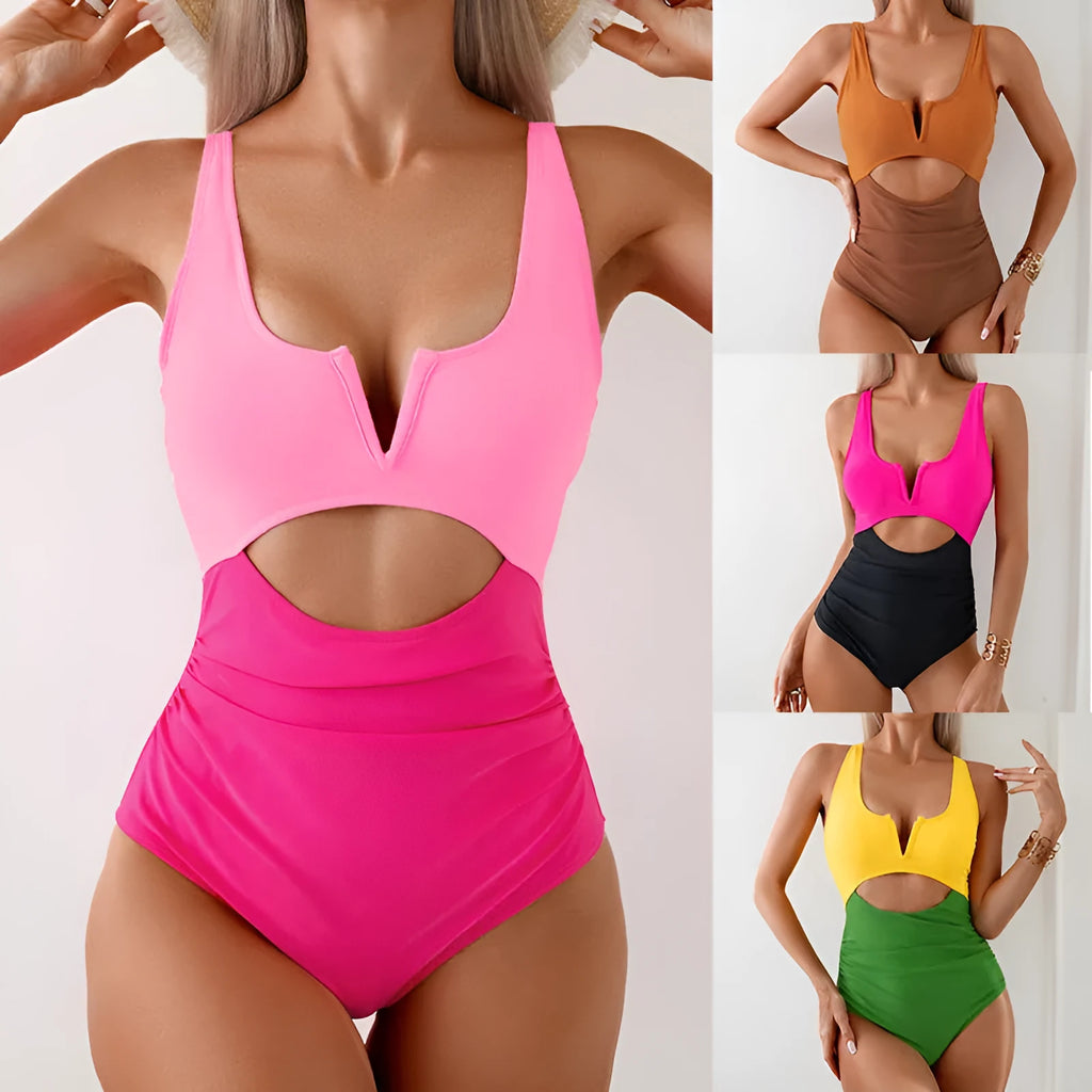 Women's one-piece swimsuit with contrast colour block design in nylon fabric.