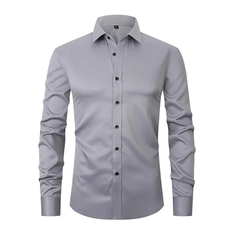 Man wearing a stretch long sleeve polyester work shirt in a solid colour.